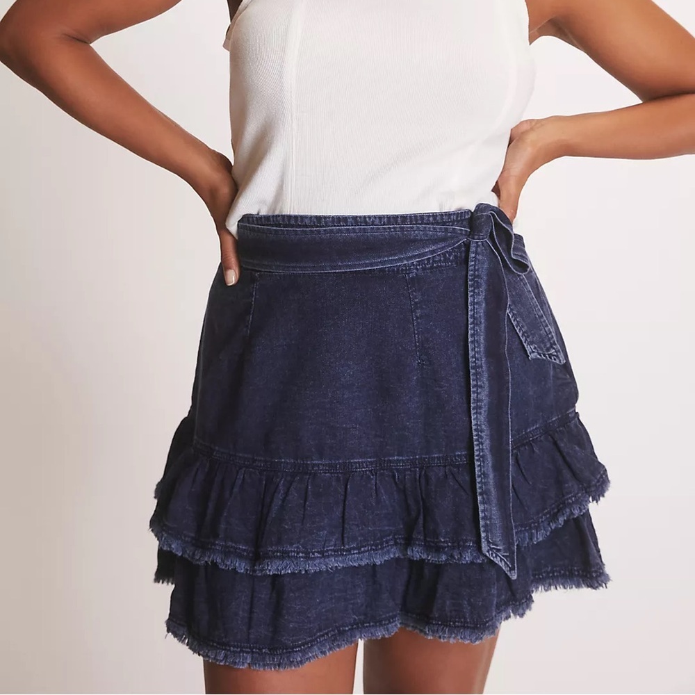 Anthropologie Dark Indigo Denim Ruffle Mini Skirt